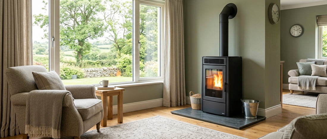 Wood pellet stove window clearance Ireland: curtains and glazing rules
