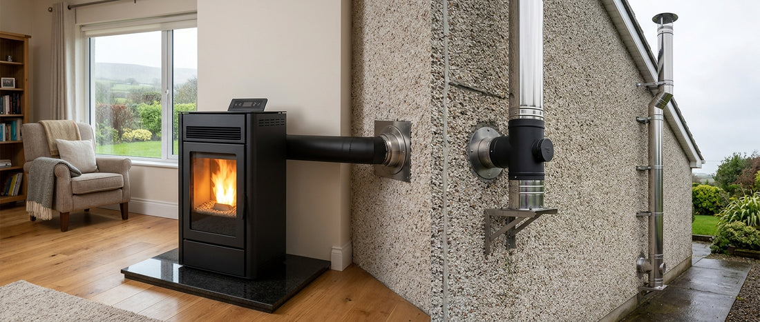 Wood pellet stove through-wall flue kits Ireland: horizontal venting guide