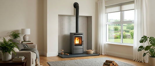 Wood pellet stove window clearance Ireland: glass, curtains and blind safety rules
