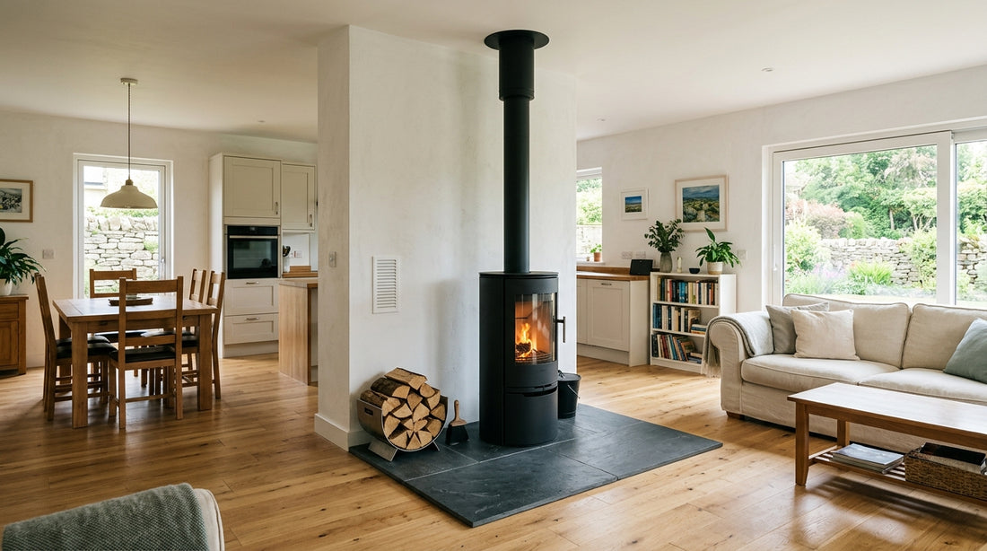 Wood burning stove open plan layouts Ireland: zoning, ventilation and safety guide
