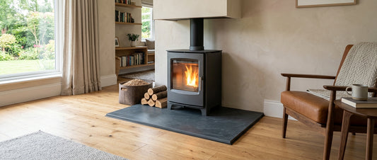 Wood pellet stove floor protection Ireland: hearth sizes and non-combustible surfaces