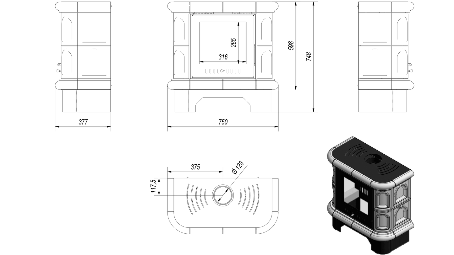 Tiled wood burning steel stove KRATKI WK440 Ø 130 5,5 kW black tile