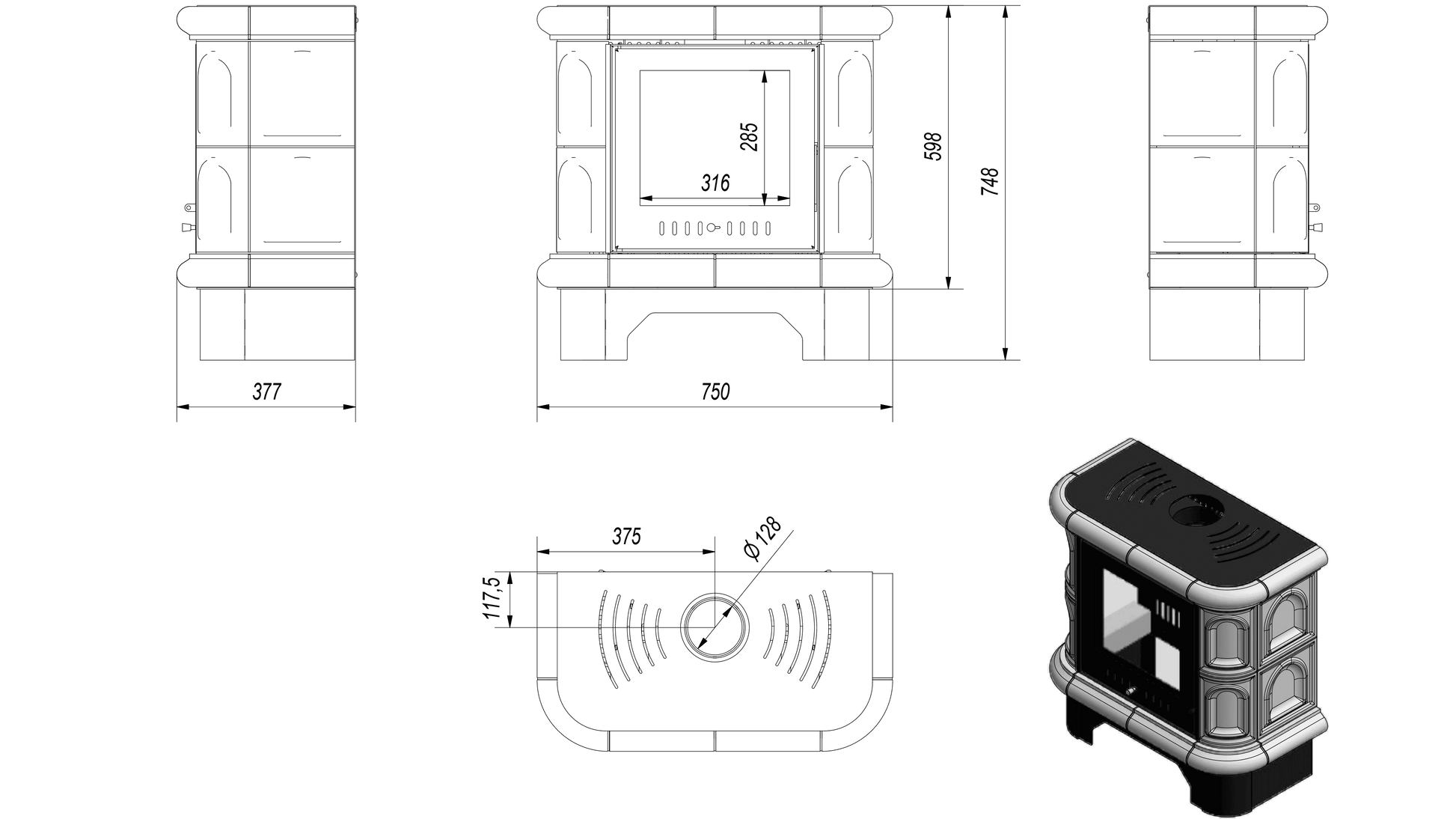 Tiled wood burning steel stove KRATKI WK440 Ø 130 5,5 kW black tile