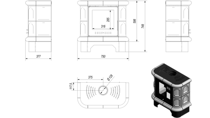 Tiled wood burning steel stove KRATKI WK440 Ø 130 5,5 kW black tile