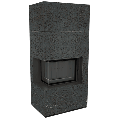 Modular fireplace FLOKI BOX right 8 kW Ø 160 quartz sinter NATURALI PIETRA DI SAVOIA GRIGIA BOCCIARDATA