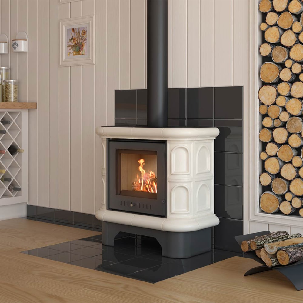 Tiled wood burning steel stove KRATKI WK440 Ø 130 5,5 kW cream tile