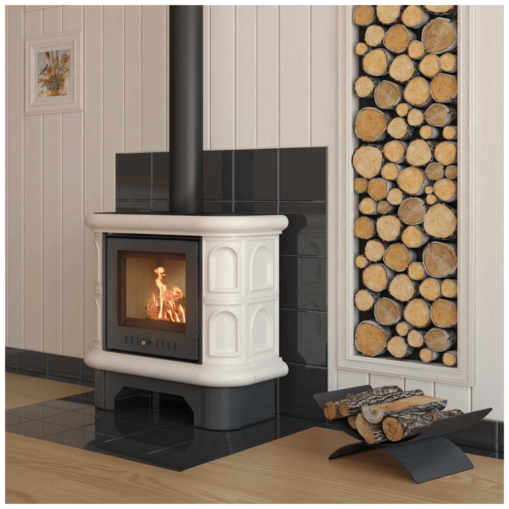 Tiled wood burning steel stove KRATKI WK440 Ø 130 5,5 kW cream tile