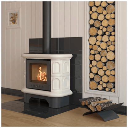 Tiled wood burning steel stove KRATKI WK440 Ø 130 5,5 kW cream tile