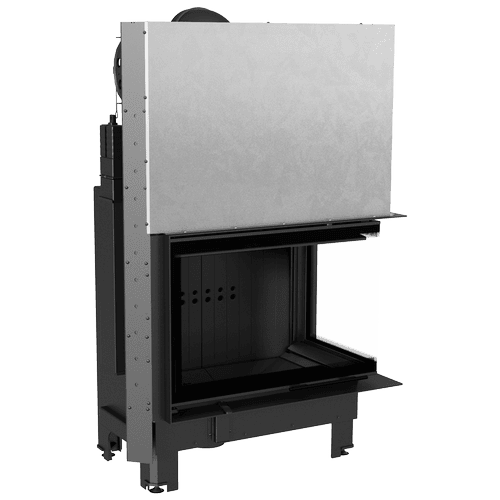 Steel fireplace MBA right 17 kW Ø 200 Lift-up Bent glass black thermotec