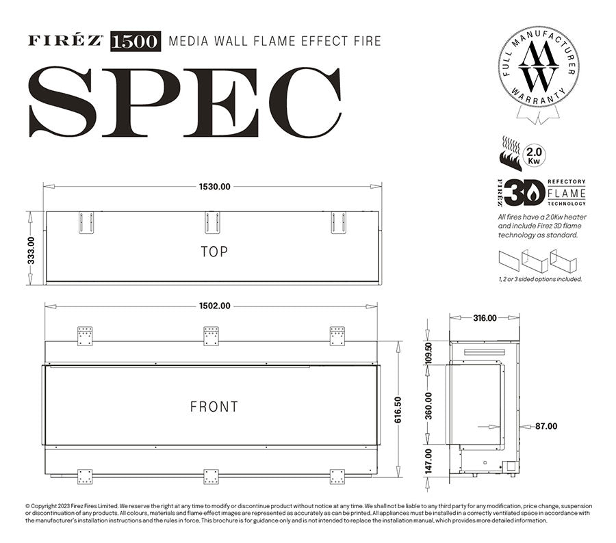 Firez 1500 Electric Fire (1530mm wide)