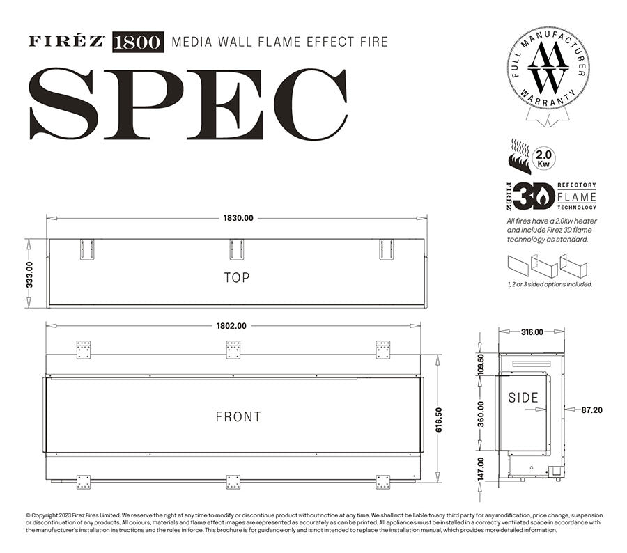 Firez 1800 Electric Fire (1830mm wide)